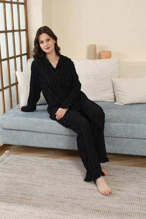 Erva pijama giyim Pileli Kumaş Fırfırlı Kadın Pijama Takımı