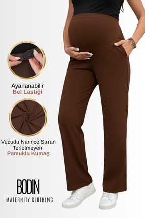 bodin Ayarlanabilir Bel Pamuklu Kumaş Hamile ve Lohusa Eşofman Altı Kahverengi