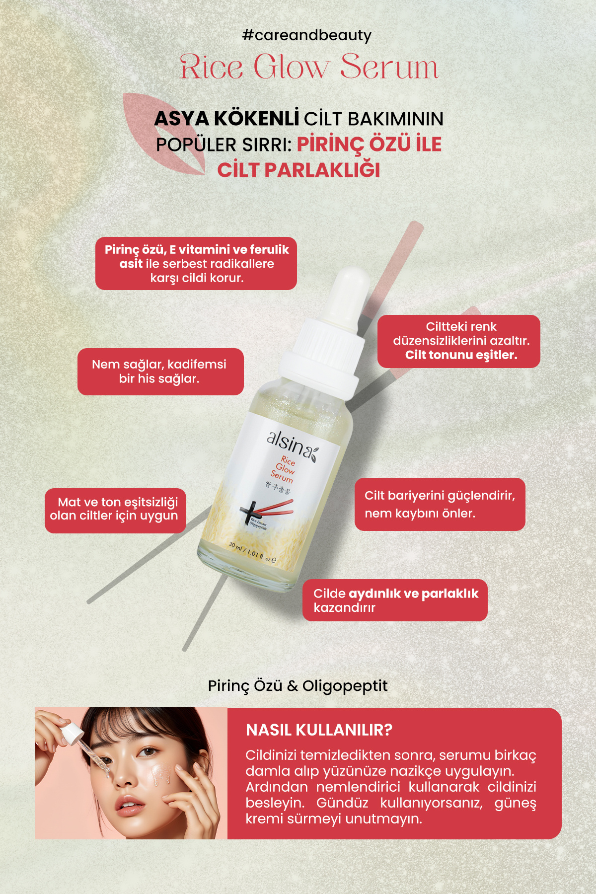 Pirinç Özlü Aydınlatıcı Serum 30 ml - Donuk & Mat ciltler İçin Glow Etkili Bakım — 8683690485863 — تصویر 3 از 5