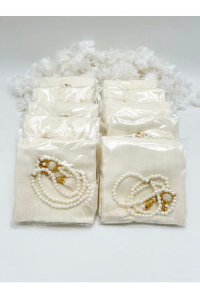 LenaToptan 10 Adet Krem Flamlı Eşarp ve Tesbih Seti Hac Umre Mevlid Hediyelik