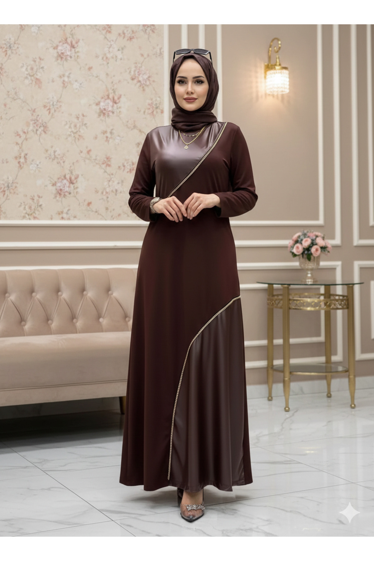 modamira  Kadın Kahverengi Pamuk Viskon Deri ve Zincir Detaylı Şık Davet Tasarım Tarz Boydan Tesettür Elbise