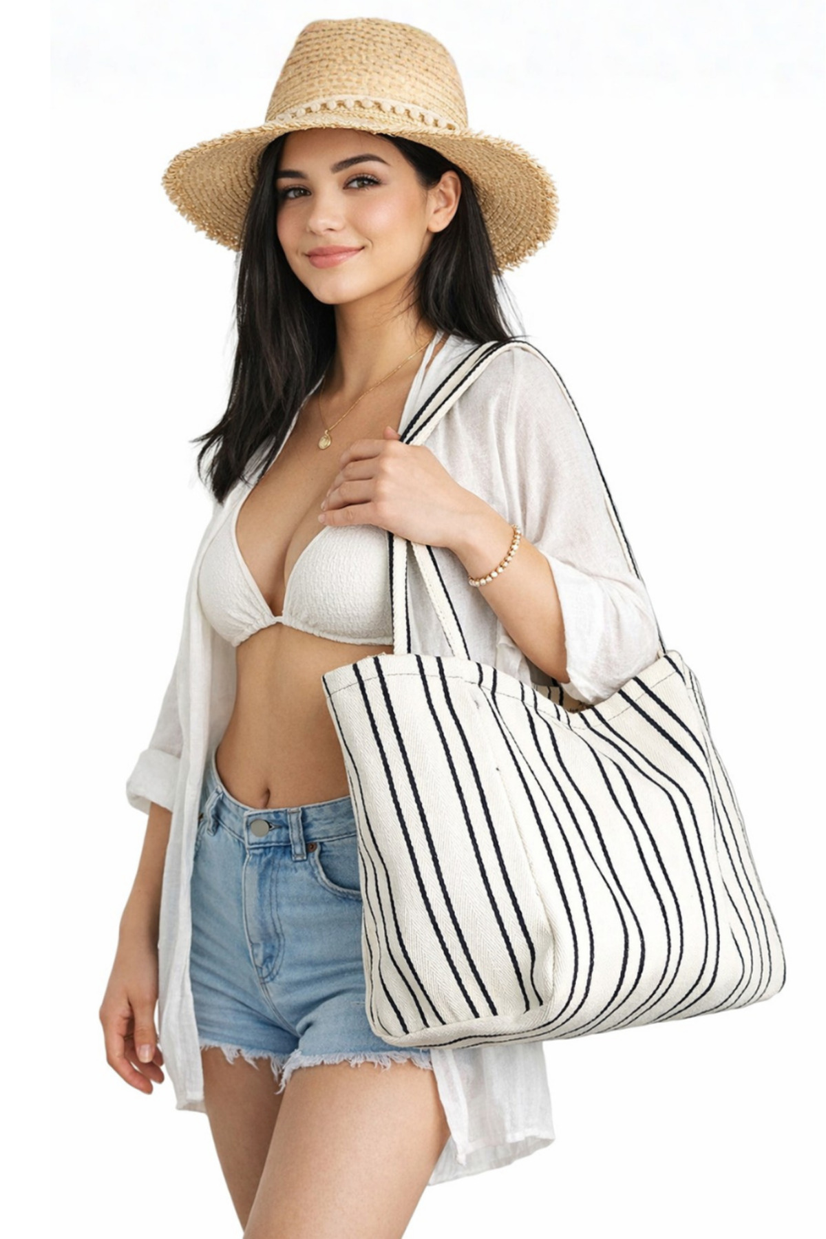 Woys Bags Woys Siyah Çizgili Desen Dokuma Plaj Çantası görsel 2