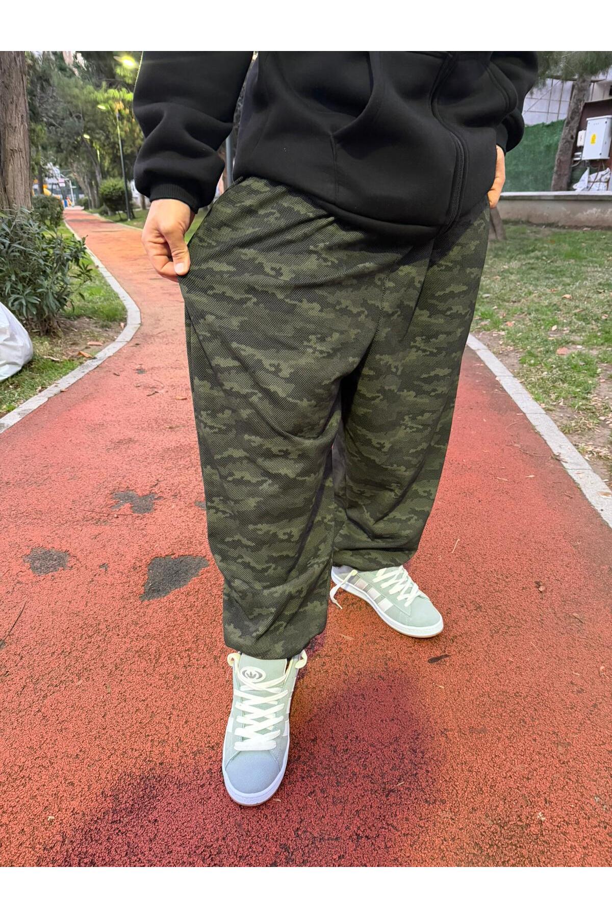 Bas Body FitnessWear Battal Büyük Beden 2 İplik Koyu Kamuflaj Fermuarlı Derin Cepli İpli Bel Eşofman Altı görsel 6