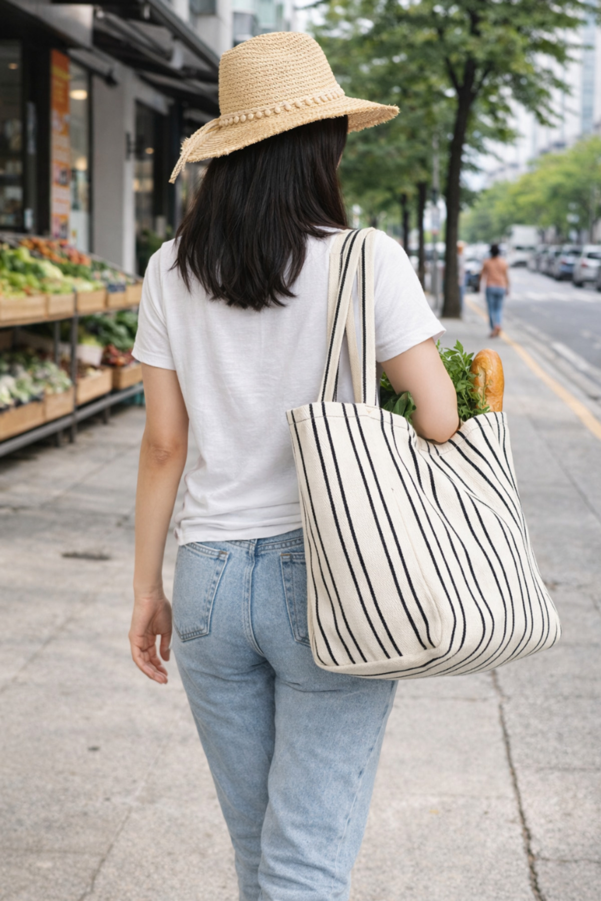Woys Bags Woys Siyah Çizgili Desen Dokuma Plaj Çantası görsel 6