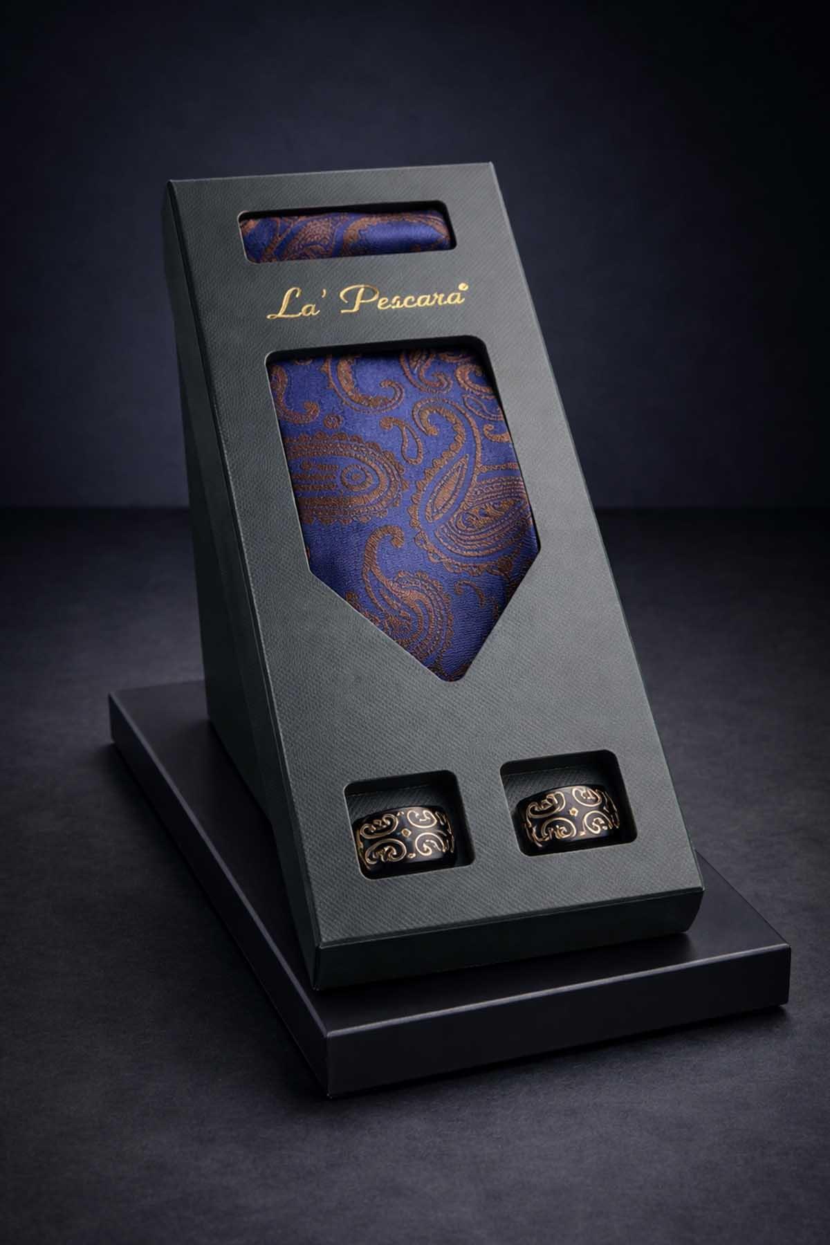  ست هدیه مردانه دکمه سردست طرح مربع جیبی سرمه‌ای مدل قهوه - OS611