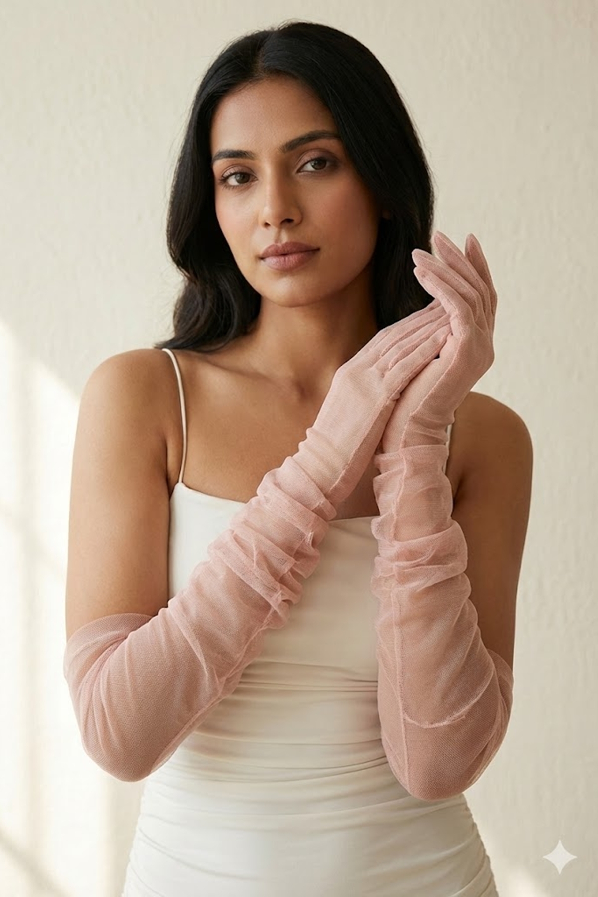 Silk Aura Draped Powder Long Tulle Gloves | Elegant and Modern Couture Special Design