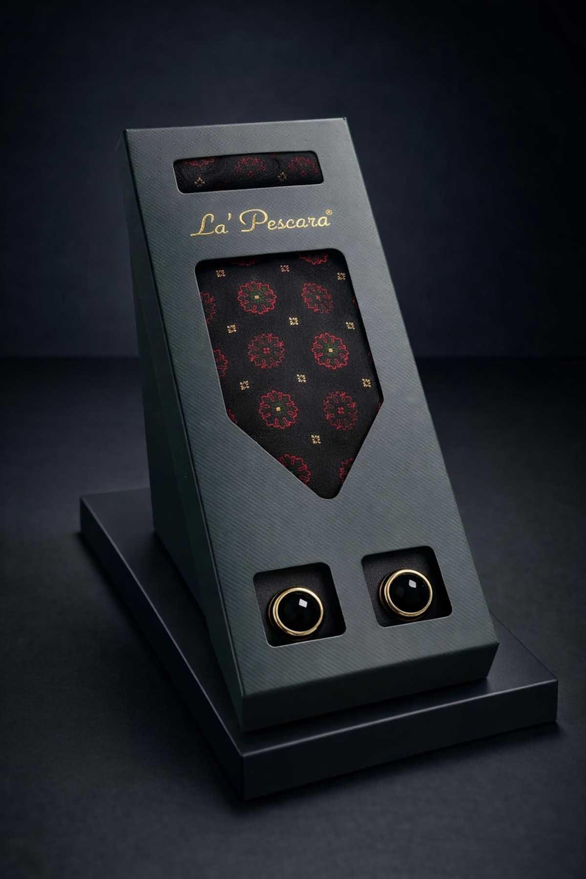  ست هدیه مردانه کراوات و دکمه سرآستین کلاسیک با دستمال مشکی OS595