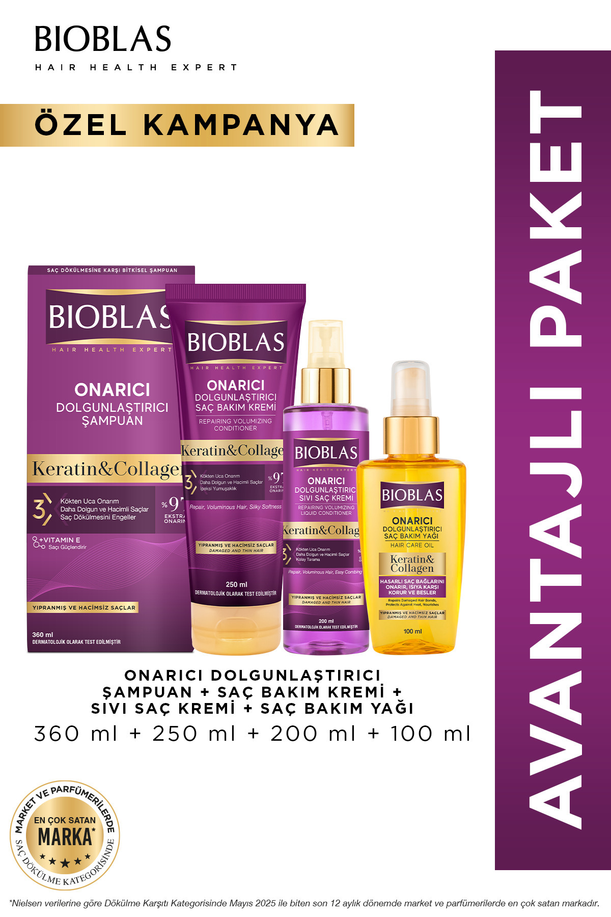 Bioblas Keratin Kolajen Saç Bakım Yağı + Saç Bakım Şampuanı + Sıvı Saç Kremi + Saç Bakım Kremi — B10318