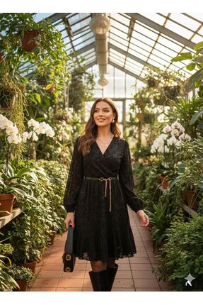 tülaybutik kadın flok baskılı kruvaze yaka fırfırlı mini elbise