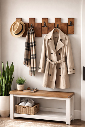 Trend Kitchen Prau Modern Siyah Metal Kancalı Ahşap Antre, Hol Ve Portmanto D...