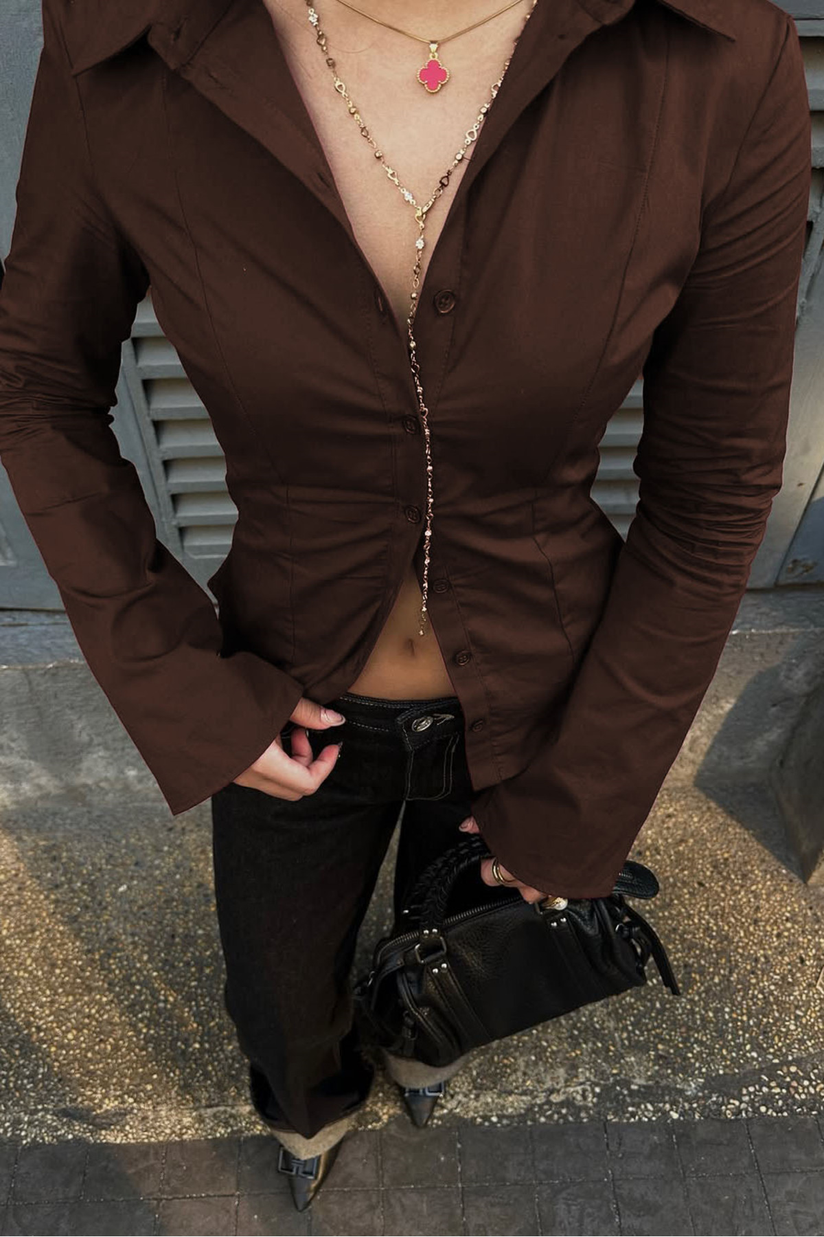 Seeh  Kahverengi Uzun Kollu Vücuda Oturan Gömlek SH356 - Görsel 7