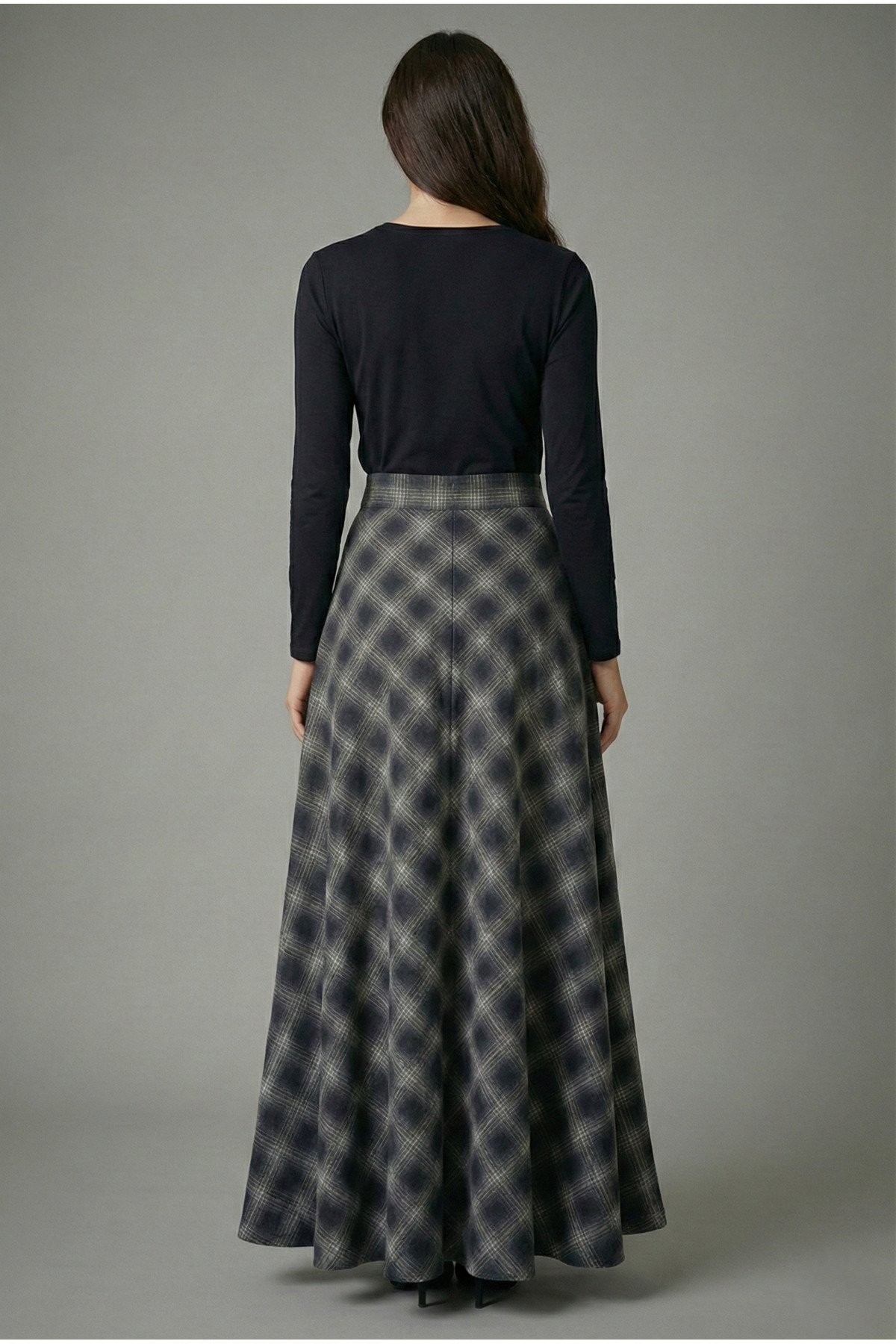 Şiir  MANUA Kadın Ekose Desen Volanlı Kloş Evaze Etek & Tesettür Etek - Haki - Görsel 4