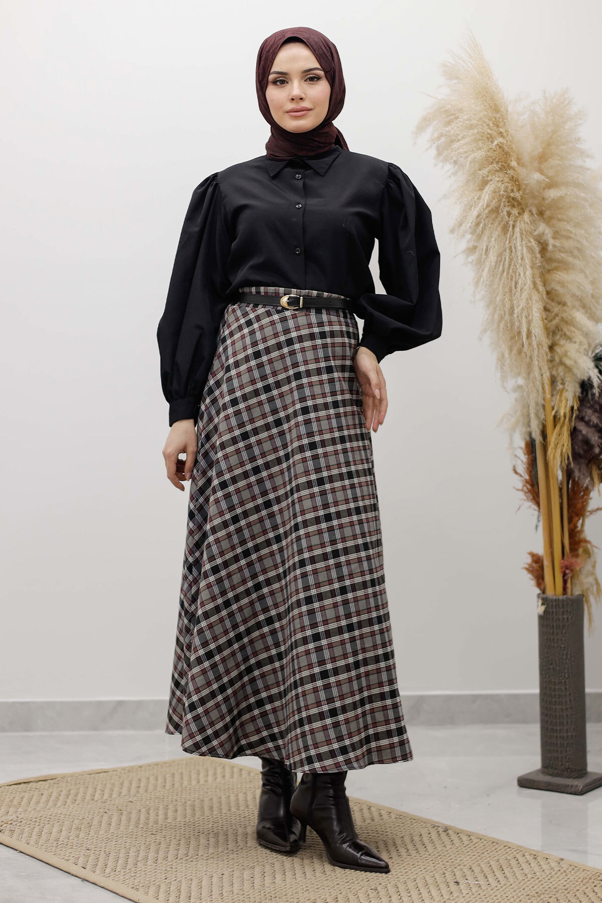 Tesettür Dünyası  Ekose Etek TSD260102 Gri - Görsel 5