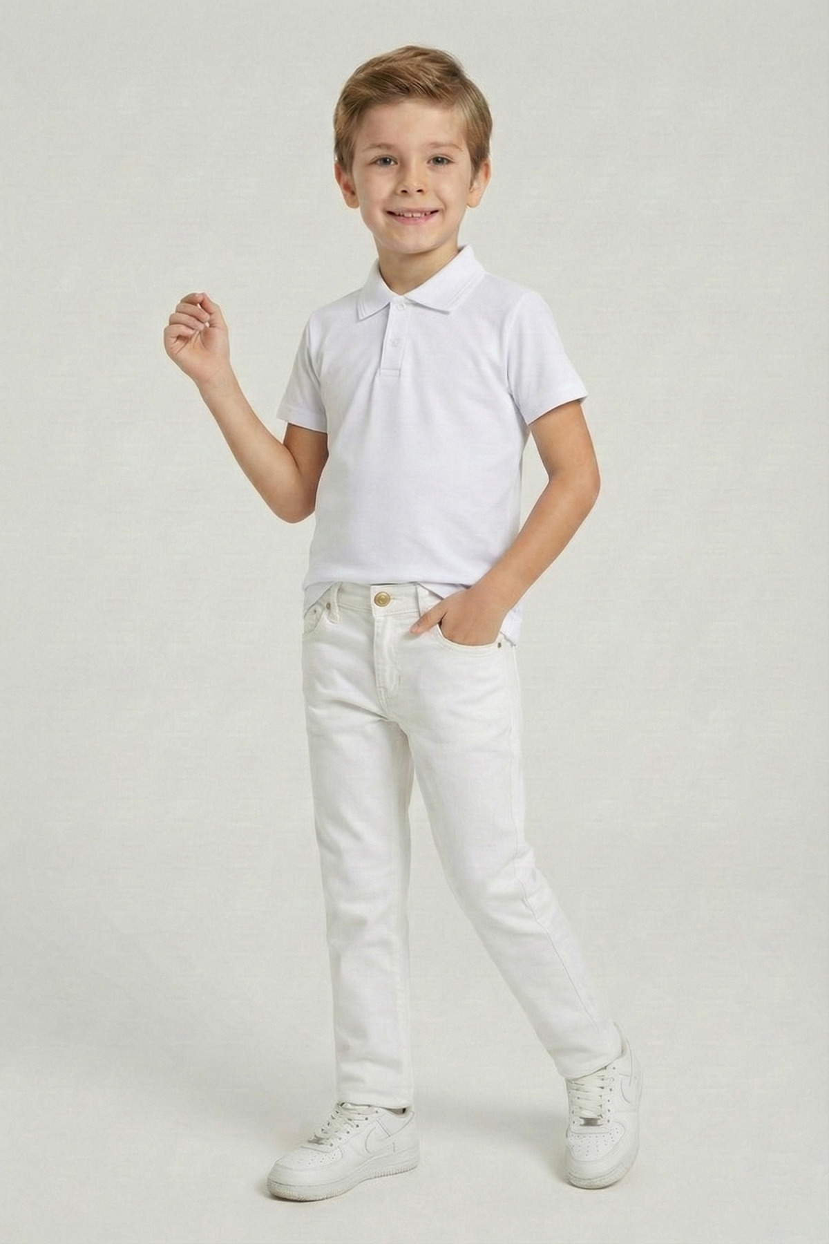 Boys White Polo Neck T-Shirt and White Pants Set 23 April 29 October Showwear