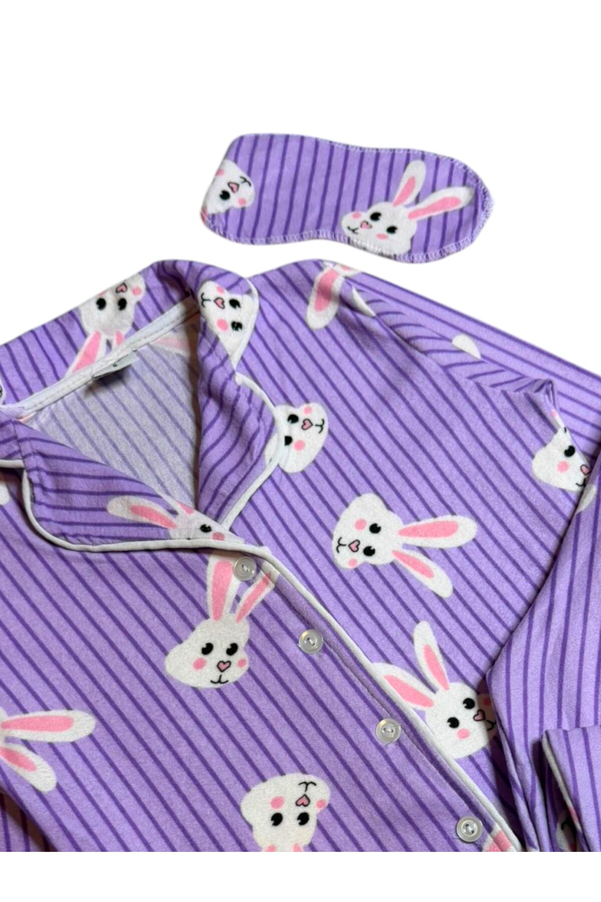 Fil Kids Kız Çocuk Pamuklu Süet Kumaş Lila Tavşan Desenli Uyku Bantlı Gömlek Yaka Düğmeli Pijama Takımı fotoğrafı 2 (önizleme)