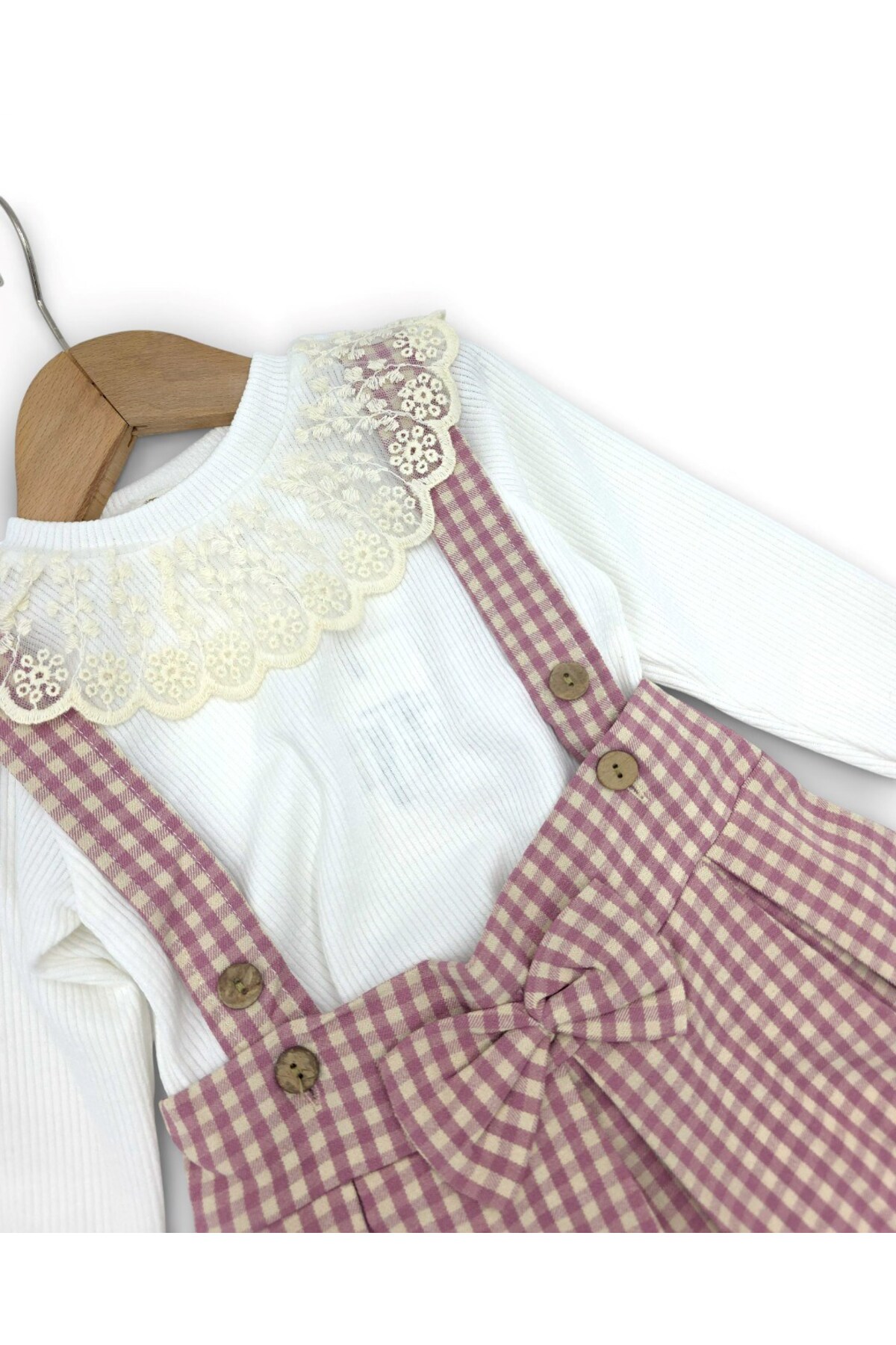 Ege Bebek Kız Çocuk Ekose Salopet Elbise Takımı – Dantelli Uzun Kollu Bluzlu, Askılı Etek Kombin (2-9 Yaş) fotoğrafı 5 (önizleme)