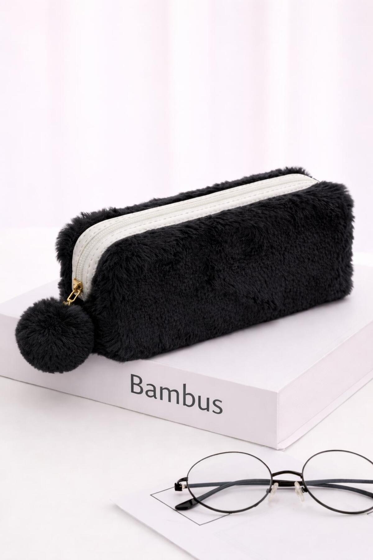 Peluş Tek Gözlü Bölmeli Kumaş Çok Amaçlı Fermuarlı Seyahat ve Makyaj Çantası — مشکی BAMBUSTEKGÖZPELUŞ — تصویر 5 از 7