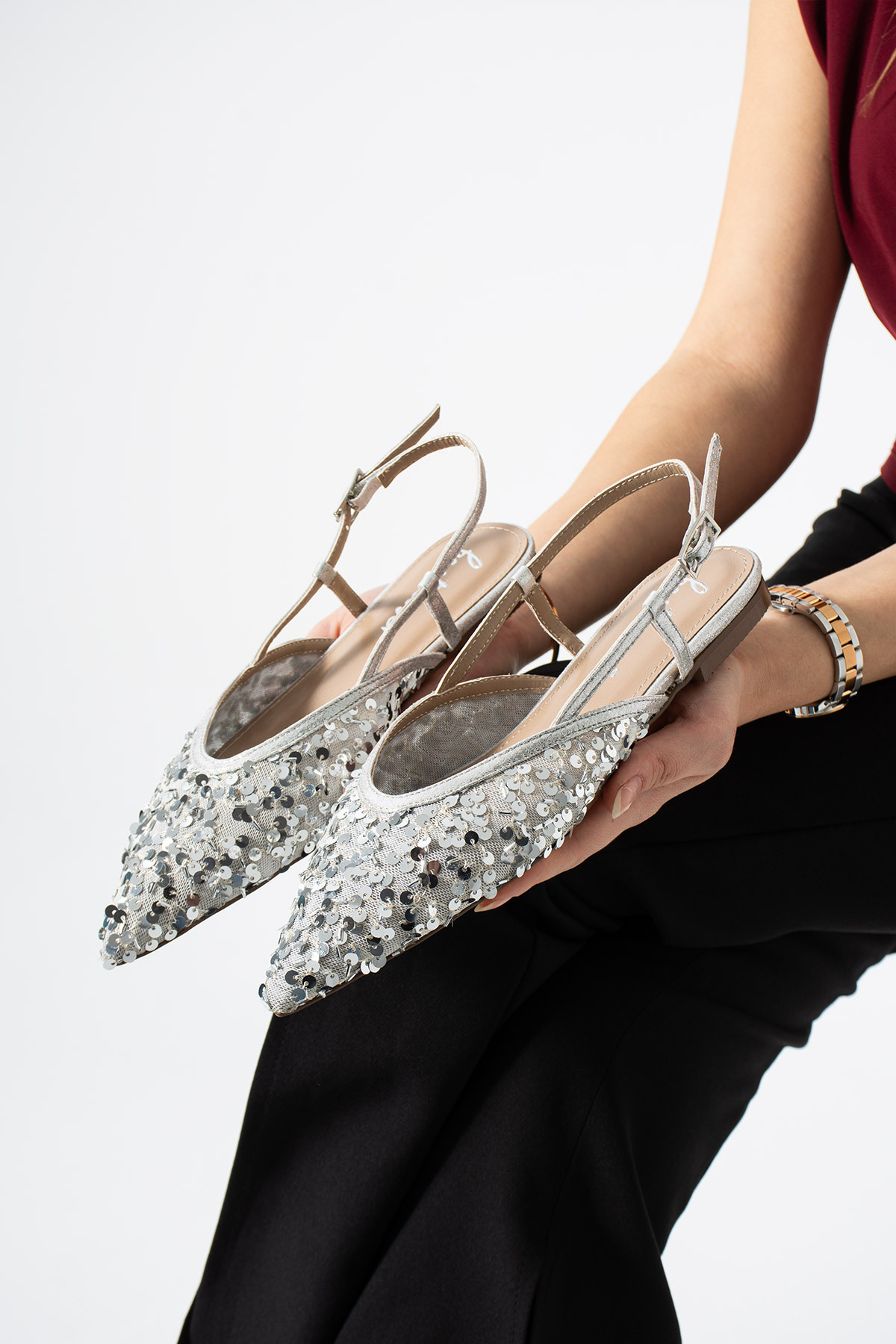 Best Cover LERINA Kadın Gümüş Sivri Burun Slingback Pul Payet Detaylı Düz Taban Babet Ayakkabı