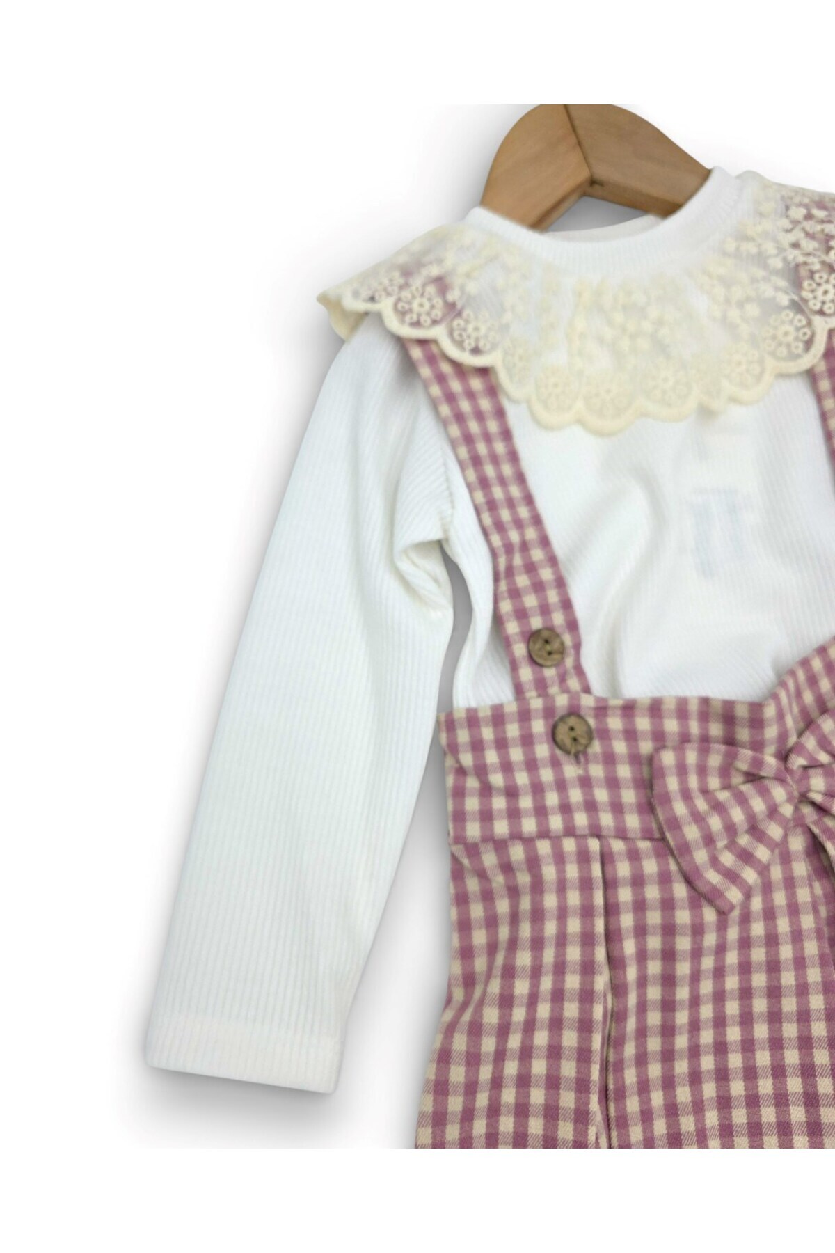 Ege Bebek Kız Çocuk Ekose Salopet Elbise Takımı – Dantelli Uzun Kollu Bluzlu, Askılı Etek Kombin (2-9 Yaş) fotoğrafı 4 (önizleme)