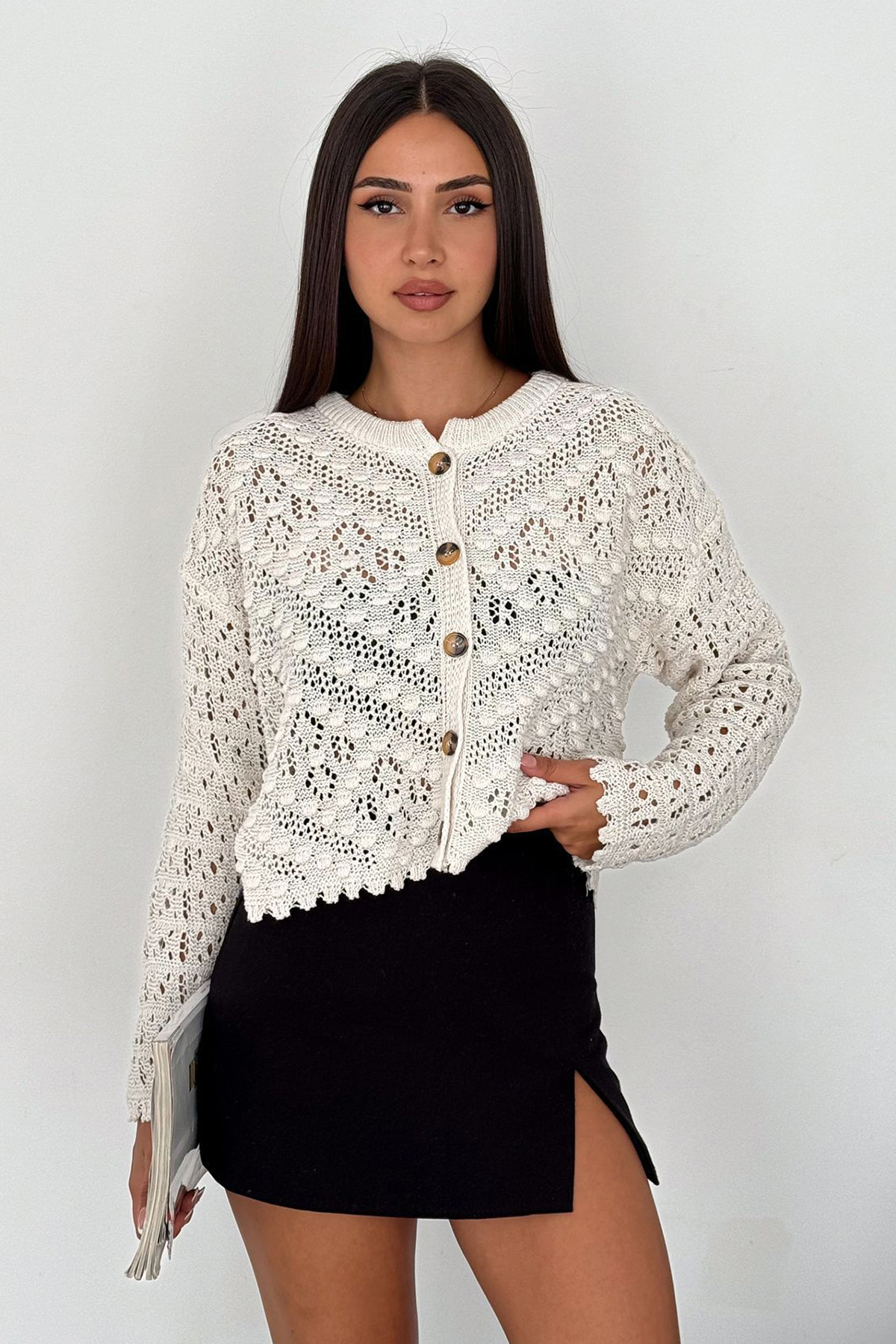 Noa Noa Women's Knitted Detail Buttoned Cardigan – Cream Lace