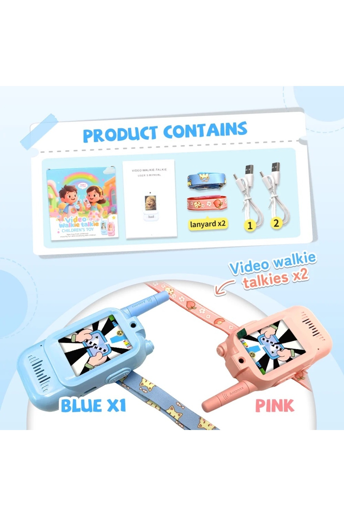 Fillikutum Görüntülü Çocuk Telsizi Çiftli Set Pembe Mavi Walkie Talkie Çocuklar İçin Görüntülü Kablosuz Telsiz fotoğrafı 6 (önizleme)