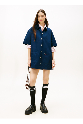 Tommy Jeans Gömlek Yaka Düz Lacivert Kısa Kadın Elbise TJW POCKET MINI SHIRT ...