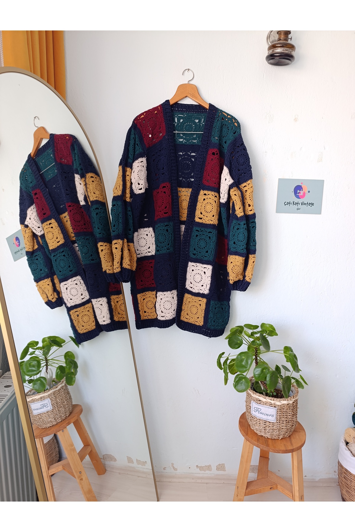 ÇATI KATI Vintage Özel Tasarım El Örgüsü Söğüt Dalı Uzun Hırka