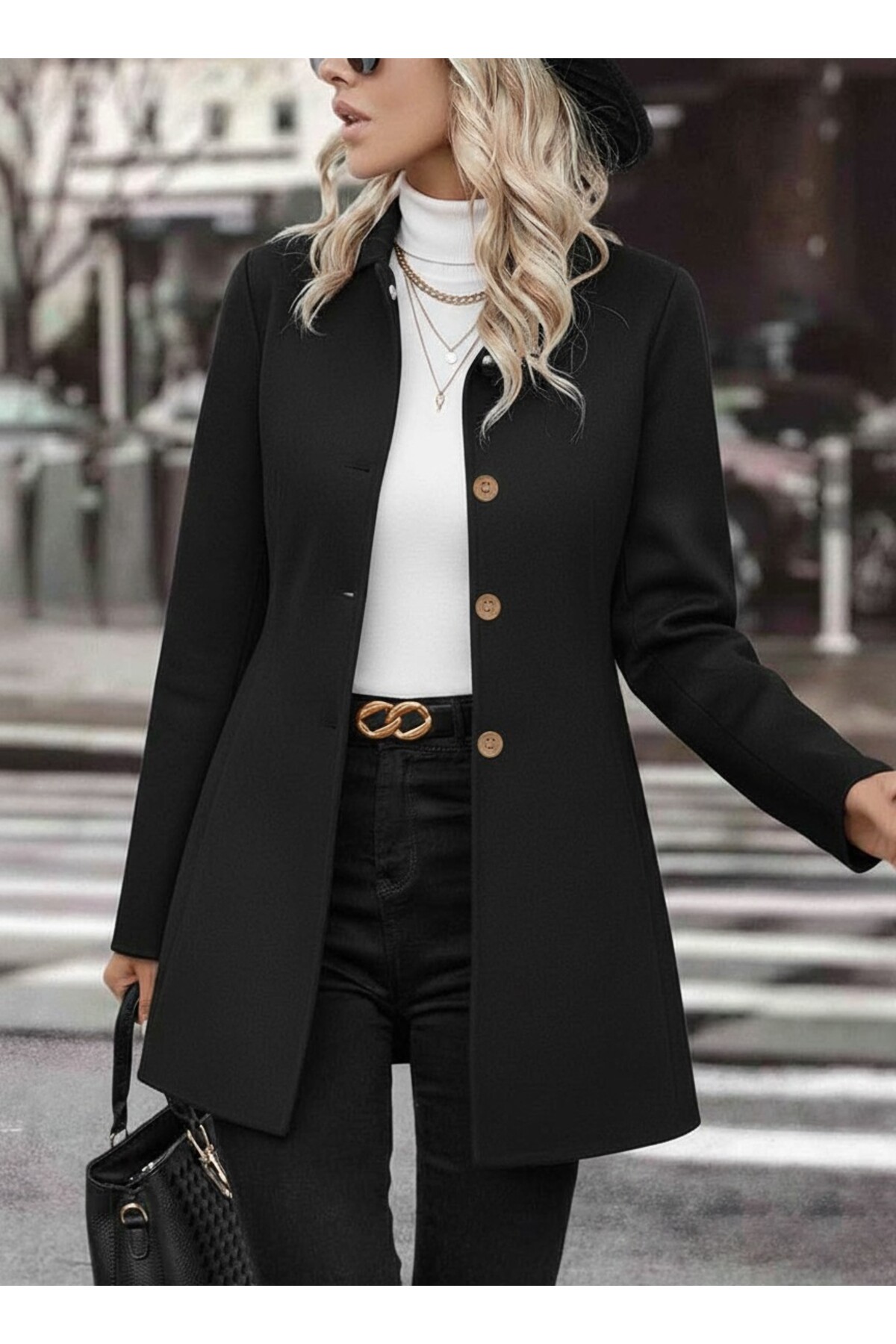 Toridas  Tasarım Yaka Siyah Kaşe Kaban