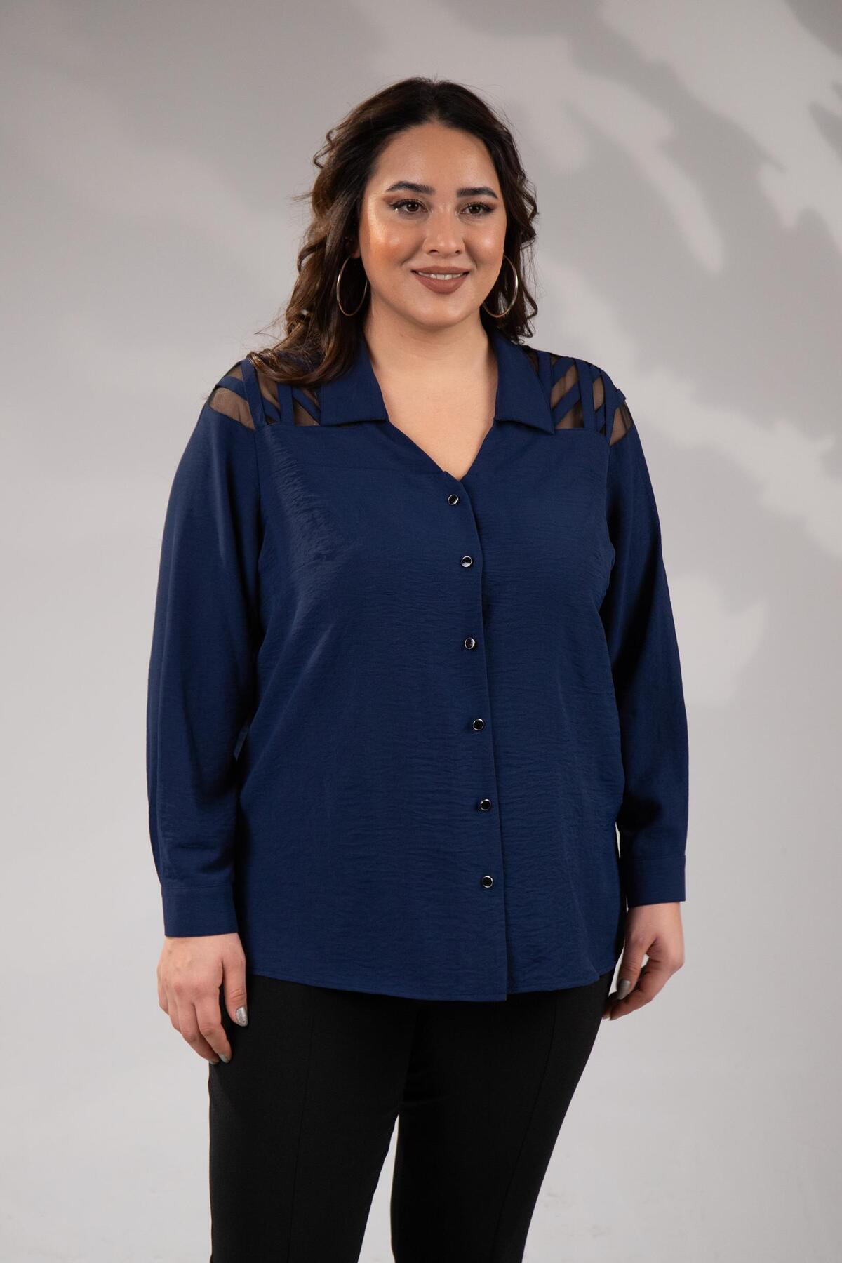 Roxxlen  Büyük Beden Kadın Omuz Detaylı Gömlek Siyah