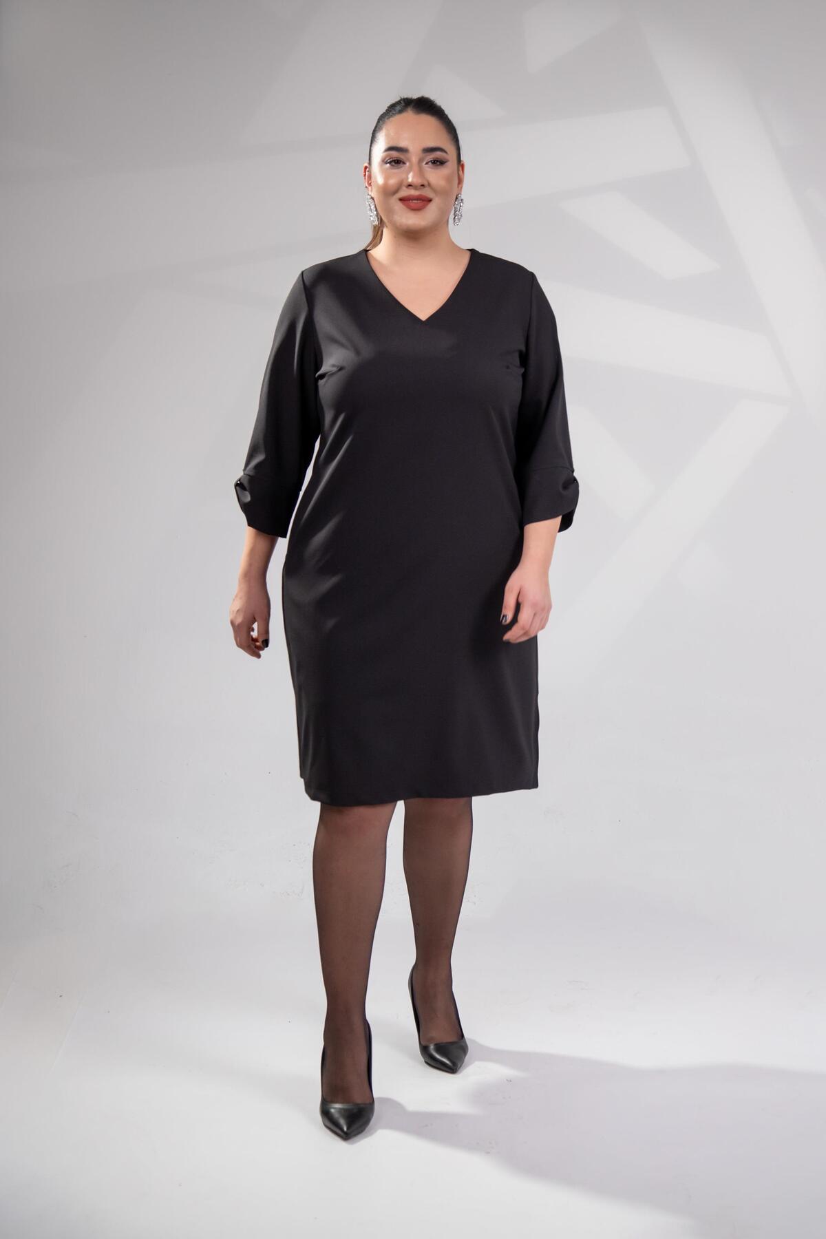 Roxxlen  Büyük Beden Kadın Kol Detaylı V Yaka Elbise Siyah
