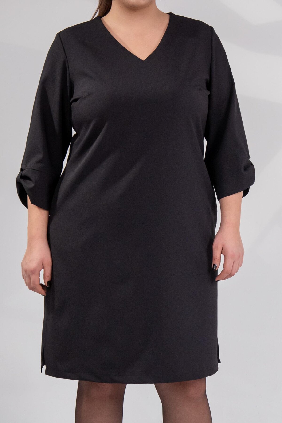 Roxxlen  Büyük Beden Kadın Kol Detaylı V Yaka Elbise Siyah - Görsel 8