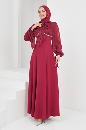 İmajButik Bordo Balon Kol Taş Detaylı Abiye