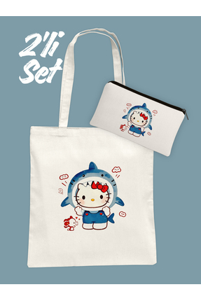 Hayali Şeyler Hello Kitty Köpekbalığı Kostümlü Bez Çanta ve Kalemlik Seti