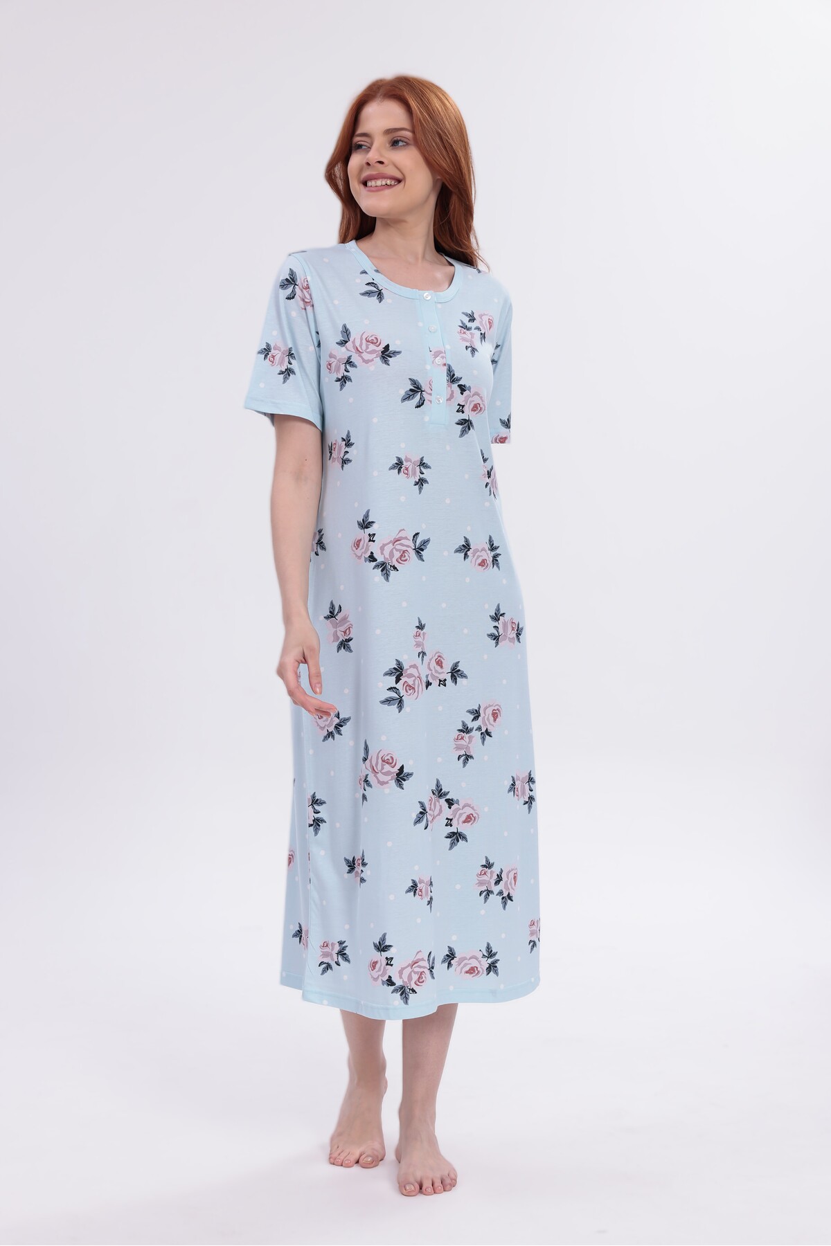 BLACKMORE Kadın Mavi Çiçek Desenli Pamuklu Özel Tasarım Gecelik