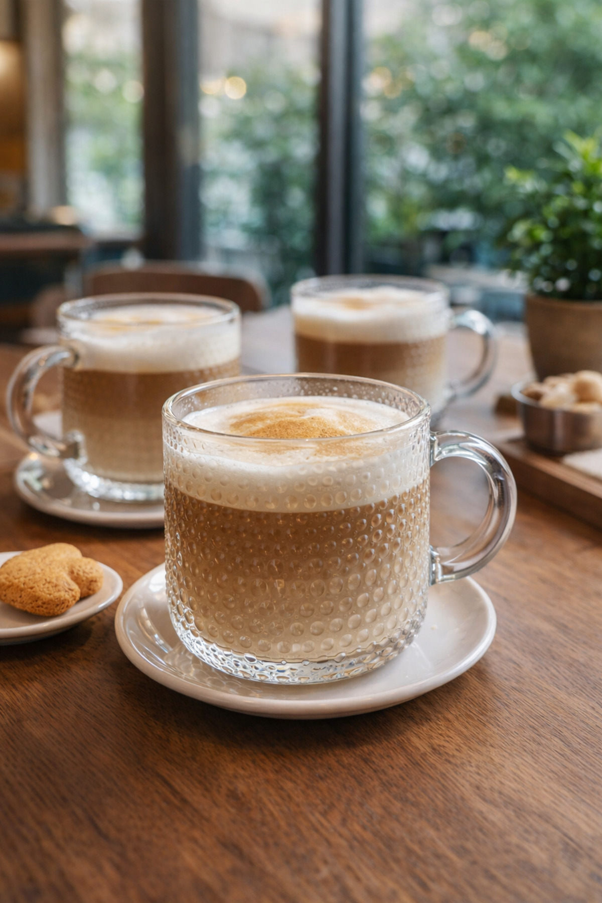 Carnaval 3-Piece Glass Latte & Cappuccino Glass Set – Embossed Pattern Clear Coffee Cup with Handle