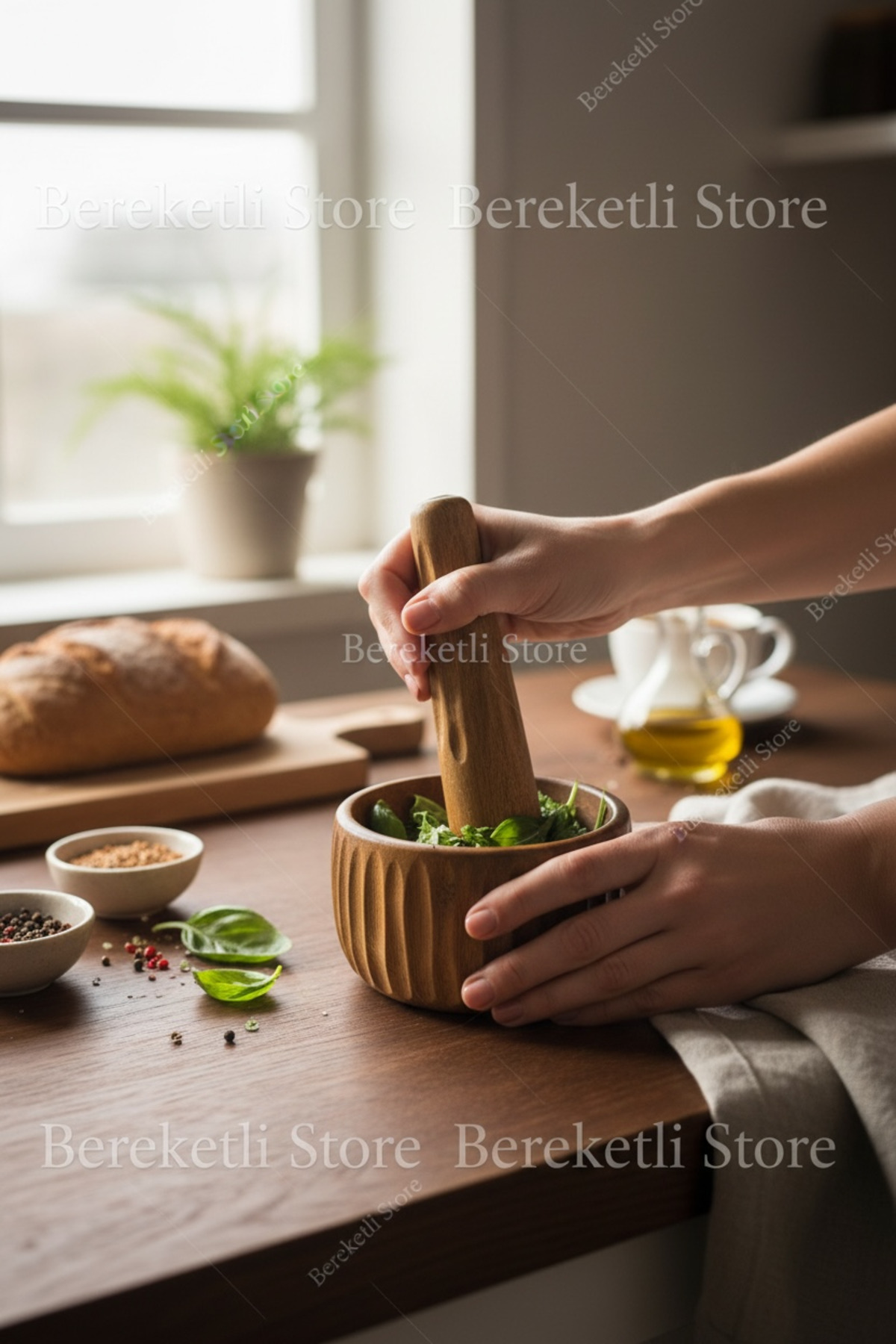 Akasya Curve Havan Seti | Doğal Akasya Ağacı | Modern Kavisli Tasarım