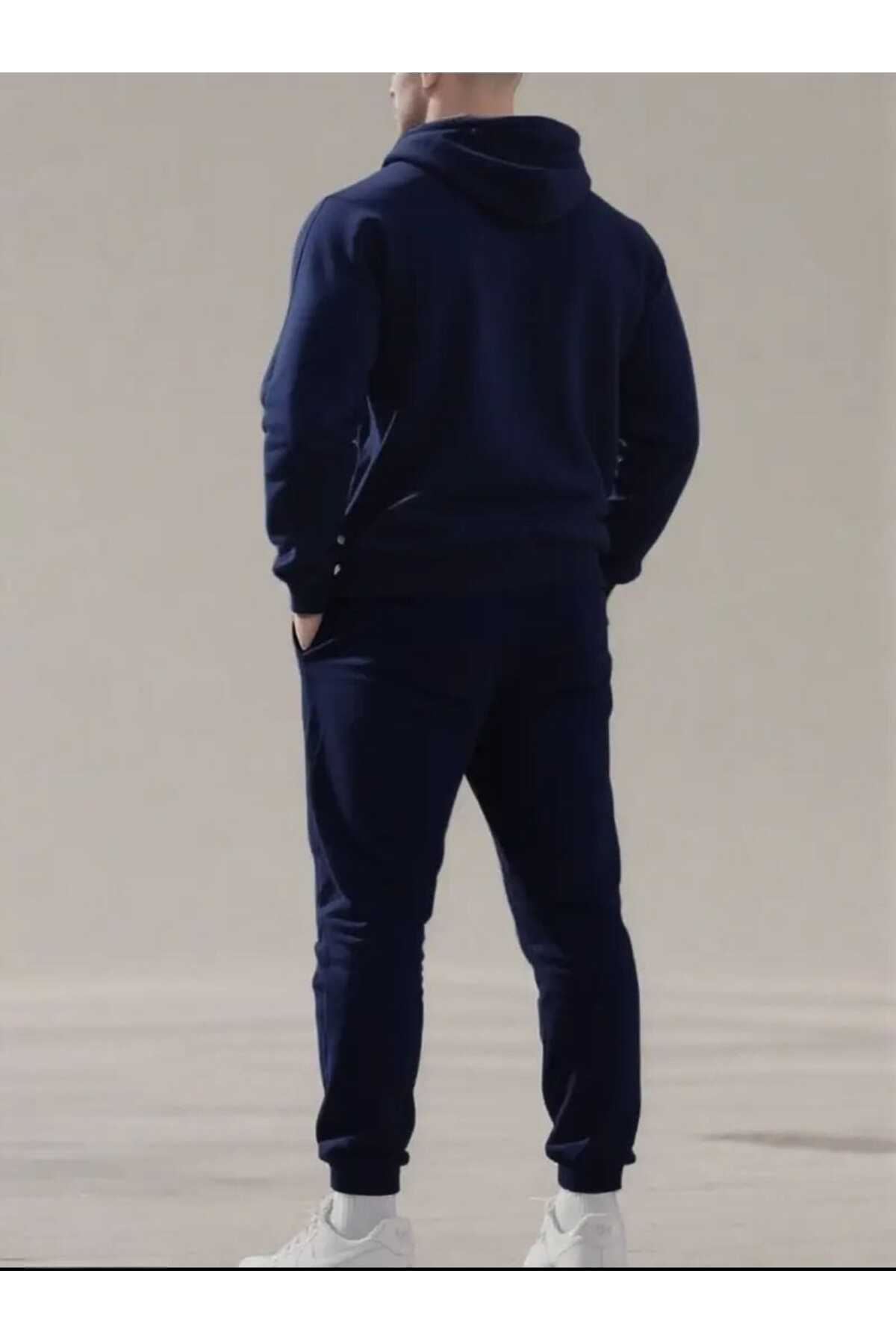 ERKEK ALT ÜST Takım Yalnız PENGUEN Baskı Tasarımlı Kapşonlu Sweatshirt — سرمه‌ای 132 — تصویر 2 از 6