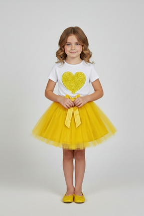 nacar çarşı Kız Çocuk Sarı Kalpli Tişört Sarı Tütü Etek 23 Nisan 29 Ekim Göst...