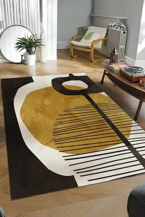 Qatalina Modern Soyut Desenli Halı | Hardal Siyah | Salon Oturma Odası Dekora...