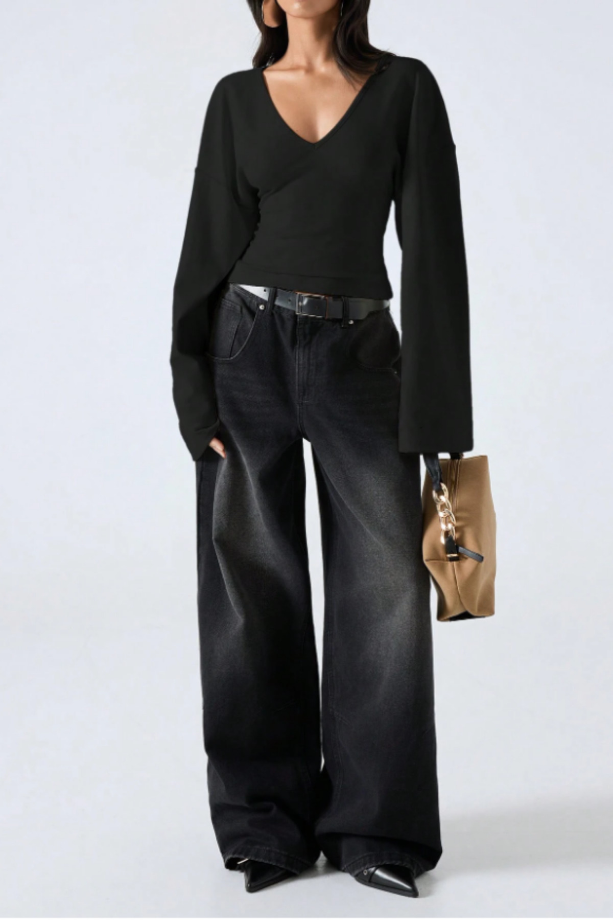 Tarz Cool  Kadın V Yaka Uzun Kollu Belden Oturtmalı Bluz - Görsel 6