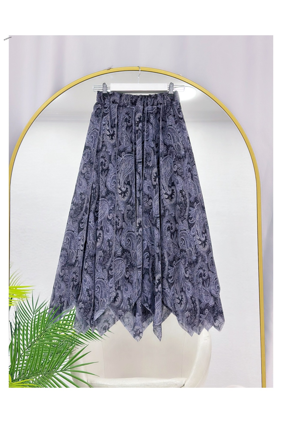 YEDİLALE  ASİMETRİK KESİM ŞAL DESEN ŞİFON ETEK [ astarlı, 90\95 cm ort]