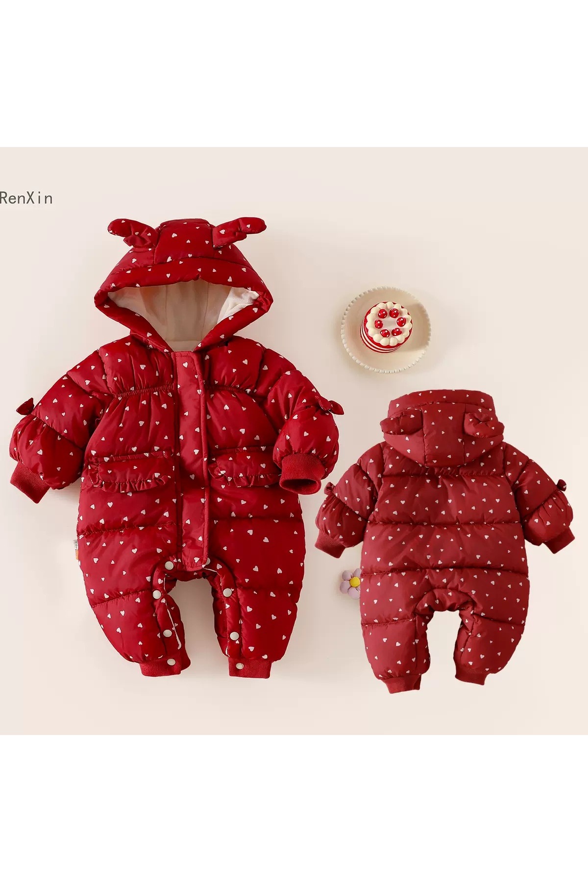 melisam.msg Kız Bebek Kalp Desenli Şişme Tulum Kalın Sevimli Polarlı Astar fotoğrafı 3 (önizleme)