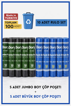 Dory Jumbo Boy Çöp Poşeti 5 Adet Siyah + Büyük Boy Çöp Poşeti 5 Adet Mavi - Ç...