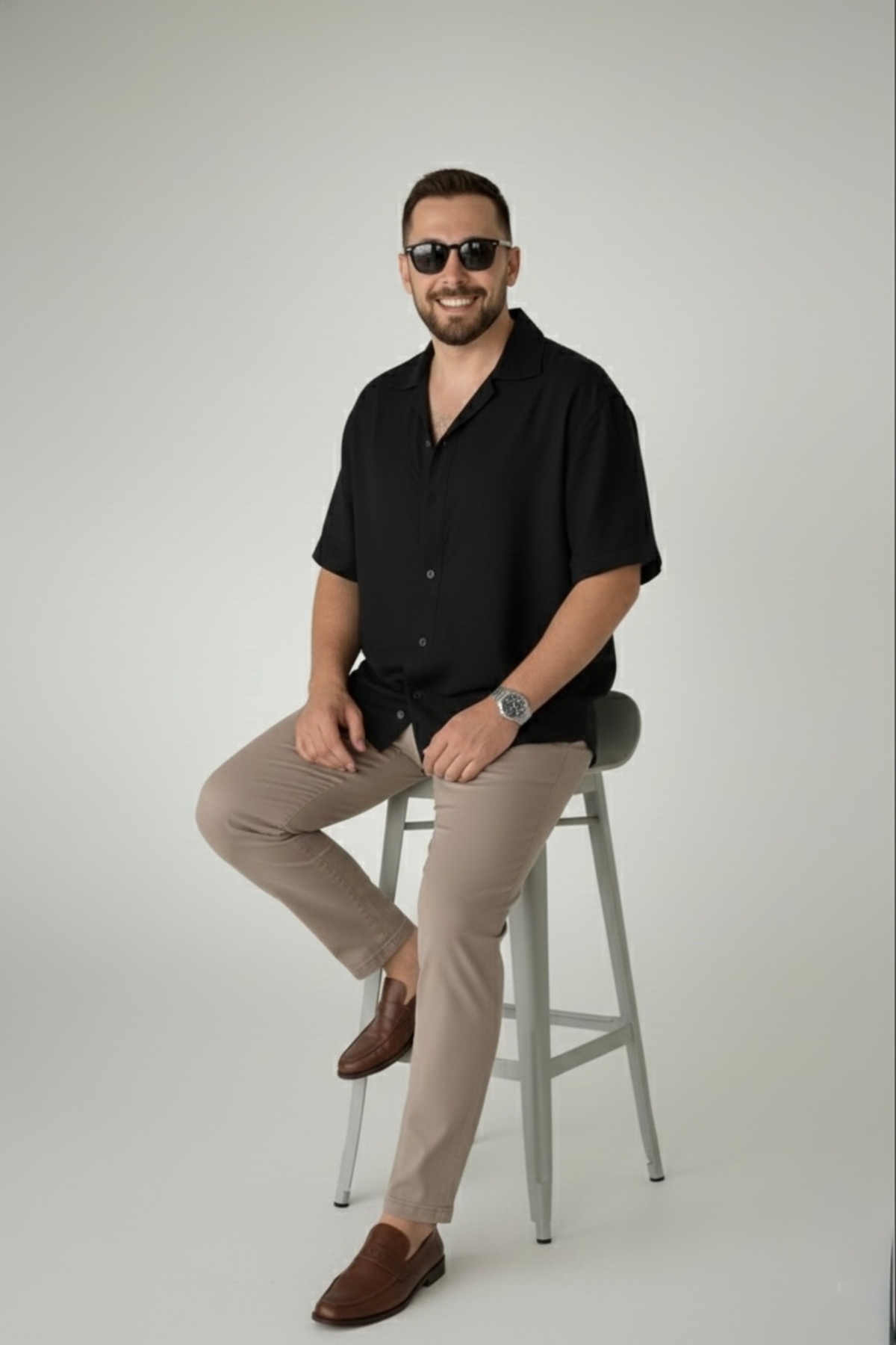 bb butik basic  Dökümlü keten dokulu kısa kol oversize gömlek SİYAH - Görsel 4