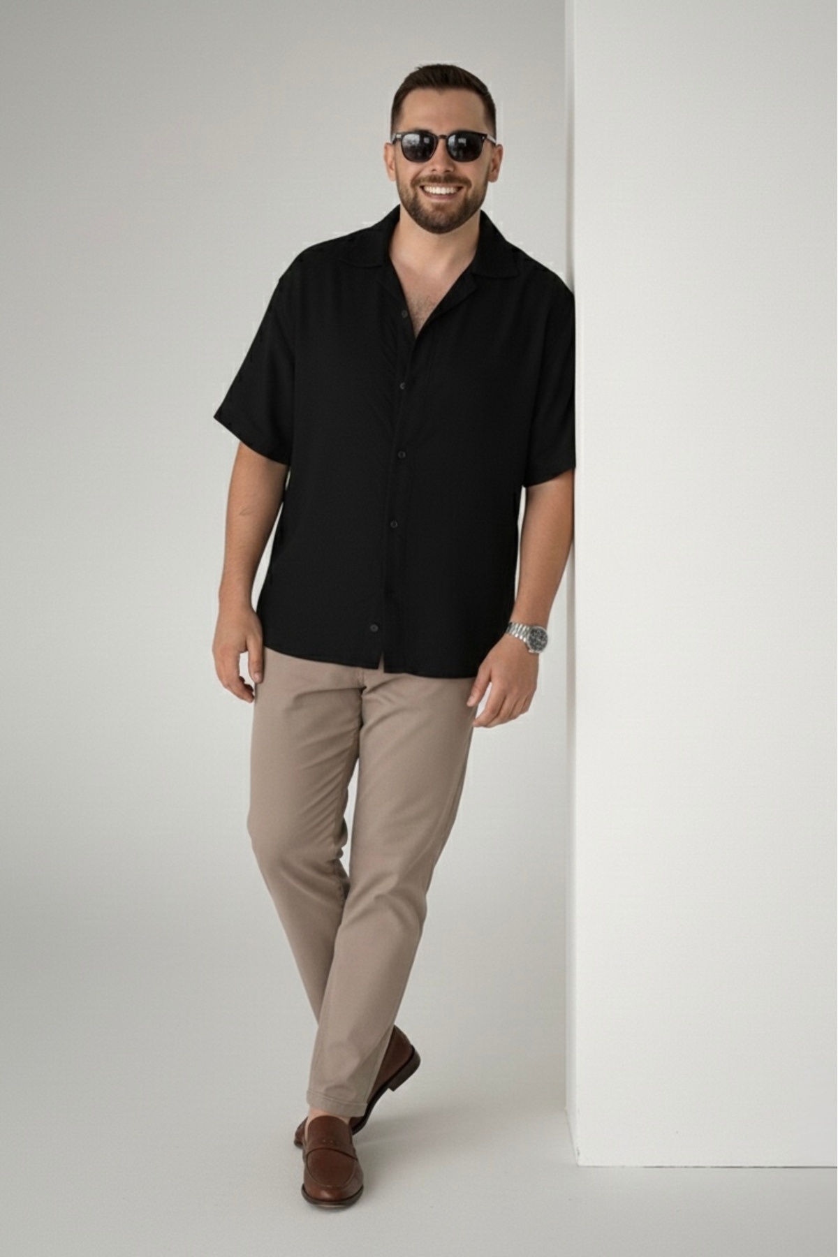 bb butik basic  Dökümlü keten dokulu kısa kol oversize gömlek SİYAH - Görsel 5