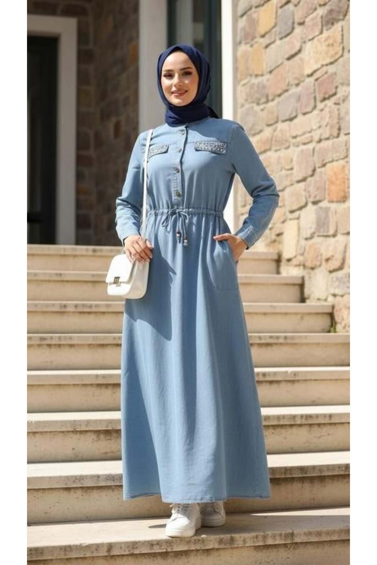 Hb Harma Time Butik  Kadın Taş İşlemeli Düğmeli Açık Mavi Kot Elbise - Görsel 6