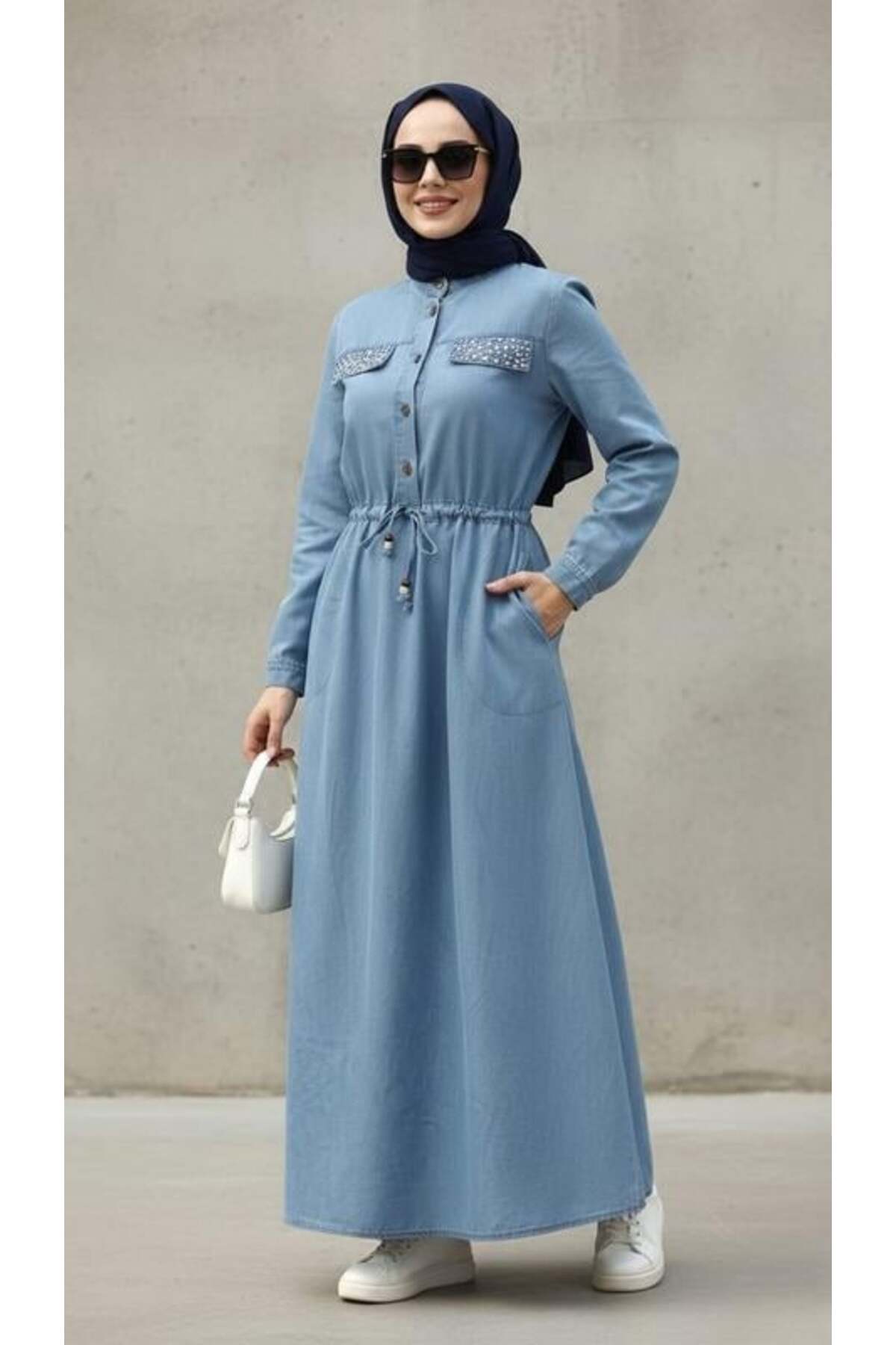 Hb Harma Time Butik  Kadın Taş İşlemeli Düğmeli Açık Mavi Kot Elbise