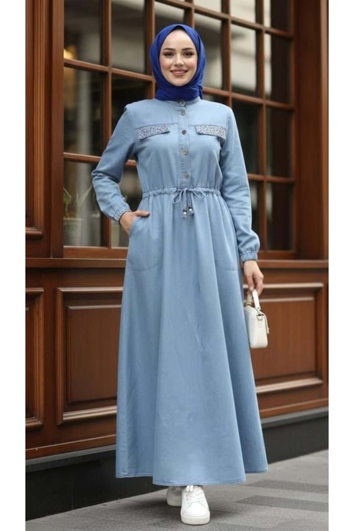 Hb Harma Time Butik  Kadın Taş İşlemeli Düğmeli Açık Mavi Kot Elbise - Görsel 7
