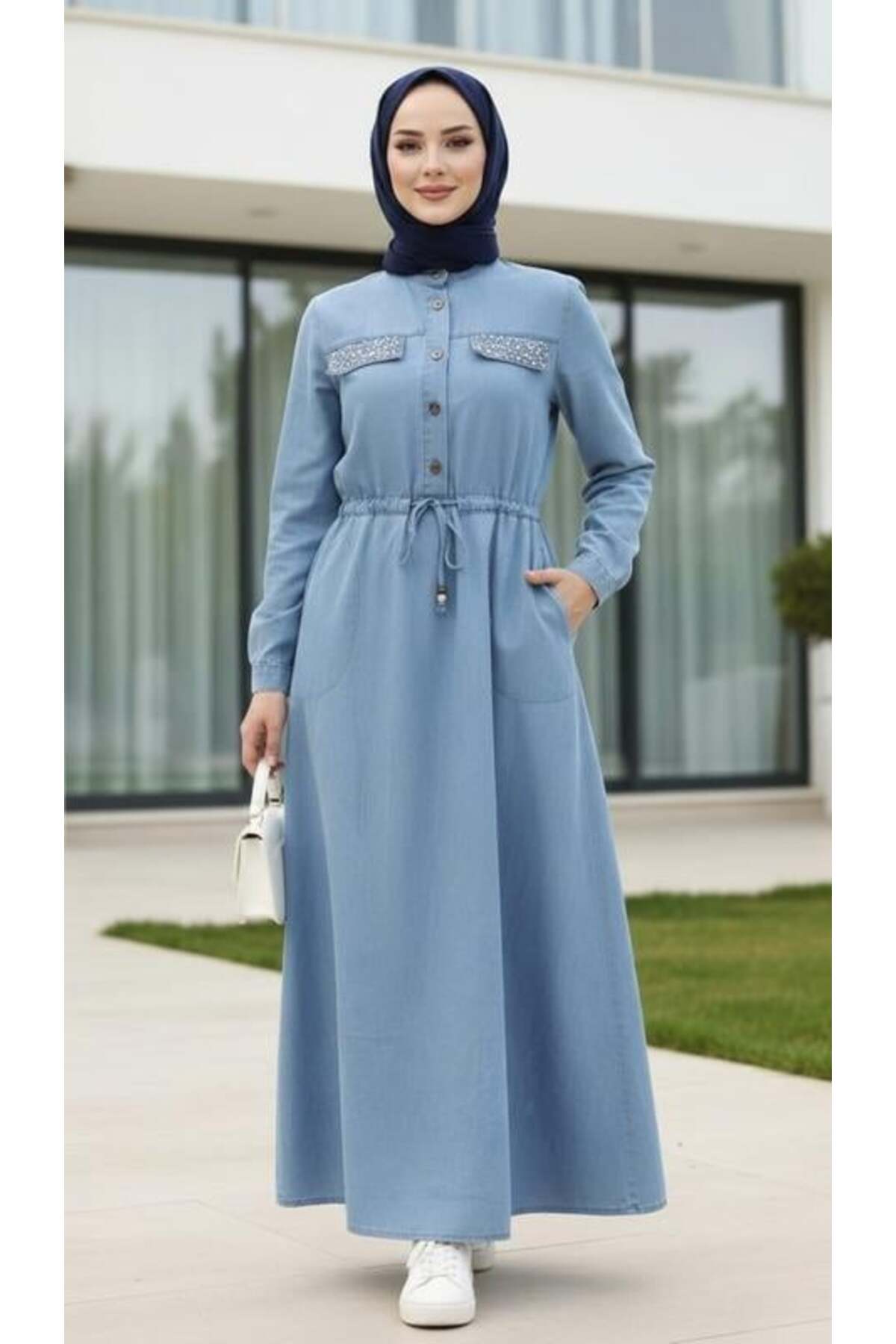 Hb Harma Time Butik  Kadın Taş İşlemeli Düğmeli Açık Mavi Kot Elbise - Görsel 3