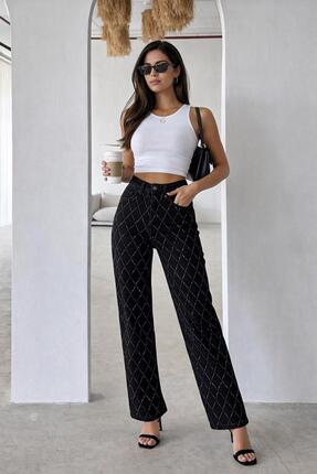 MG GİYİM STORE Kadın Siyah Yüksek Bel Baklava Taş Desen Bol Paça Kot Pantolon